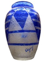 DEGUE French Art Deco Blue Cameo Glass Vase by Cazaux